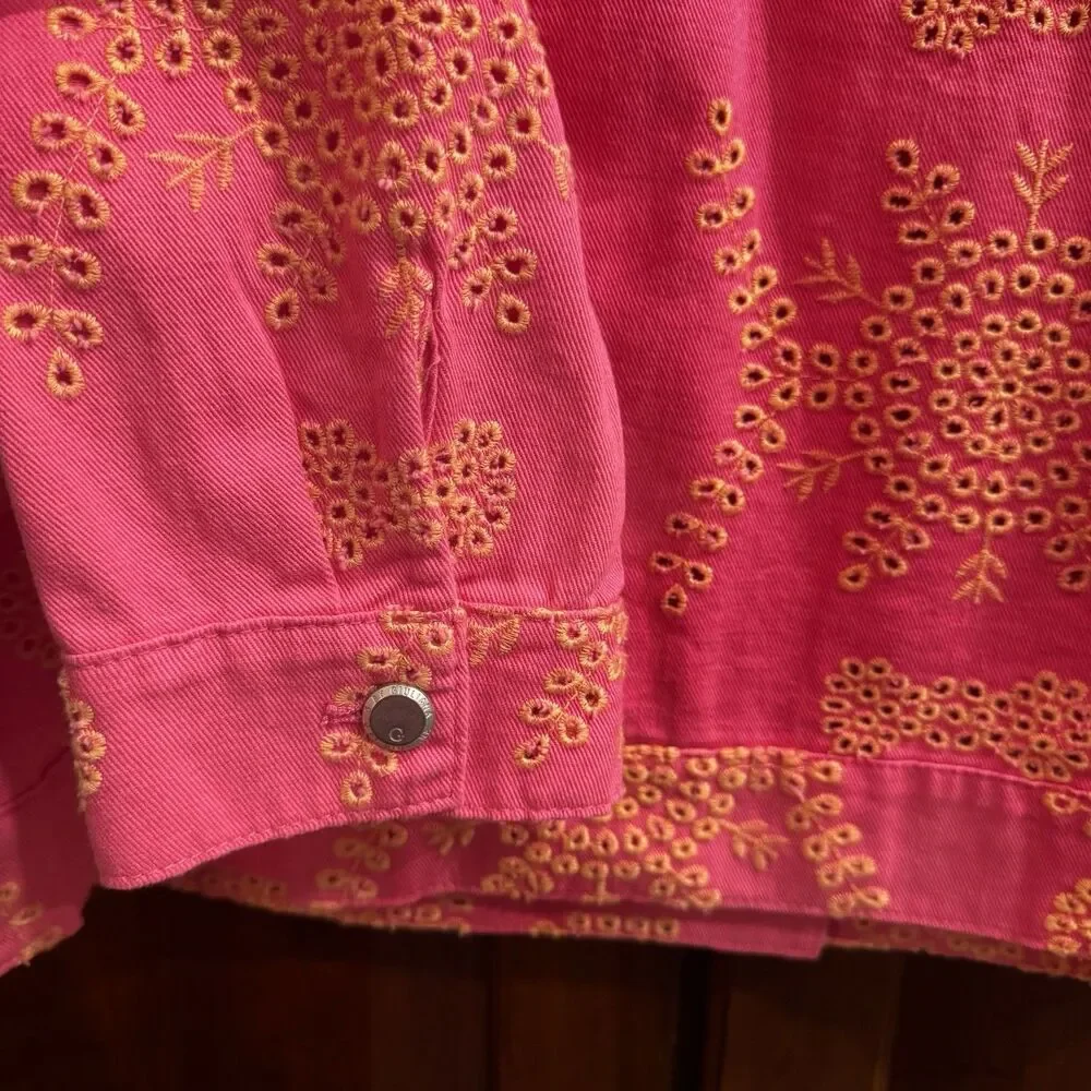 G by Giuliana Women's Black Label Puff-Sleeve Eyelet Jean Jacket Magenta Size 1X